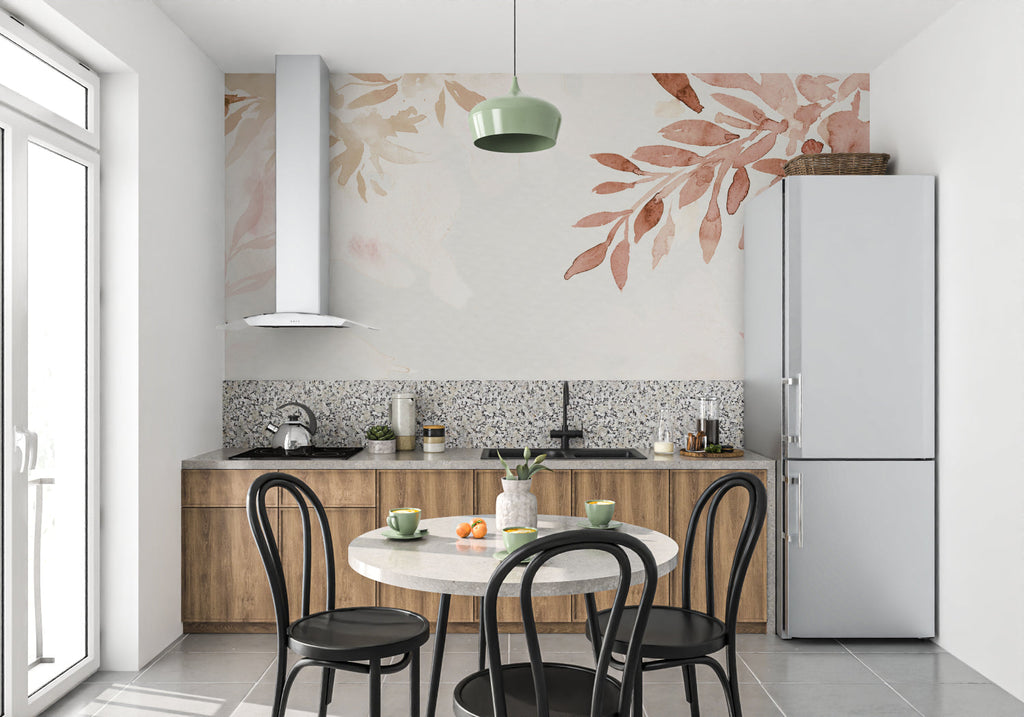 Watercolor leaf mural in home office showing scale of botanical pattern