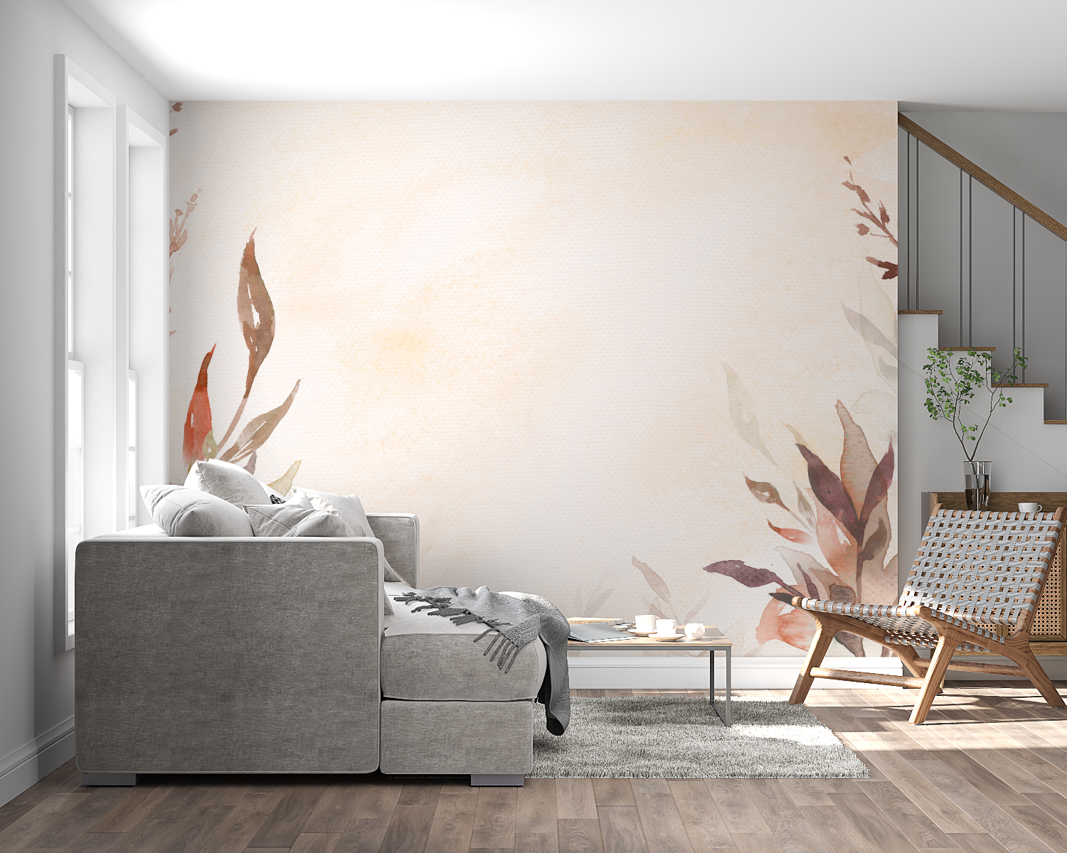 Watercolor leaf wallpaper in modern living room showing terracotta tones against white furniture