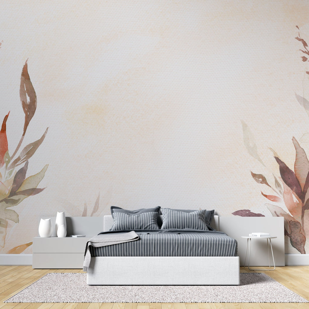 Terracotta leaf wallpaper adding natural warmth to home office space