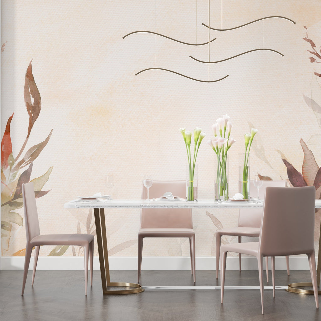 Watercolor botanical mural brightening neutral bedroom interior