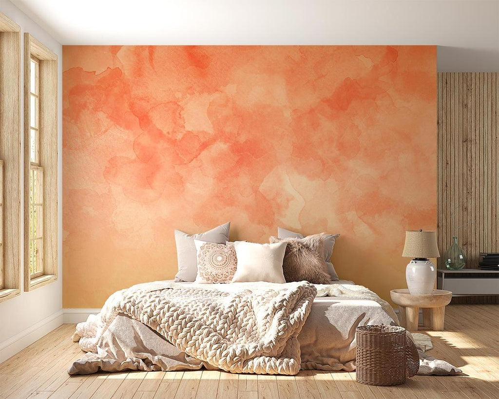 Watercolor orange abstract mural in modern living room with minimalist furniture and natural light