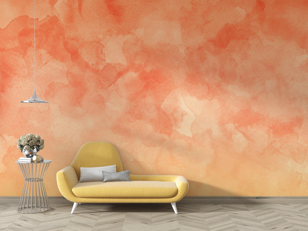 Terracotta abstract wallpaper in dining room featuring warm lighting and wooden elements