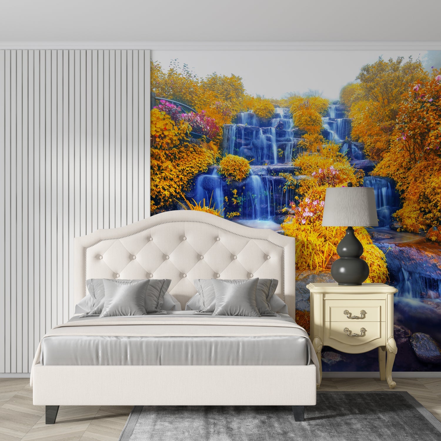 Nature wall mural featuring waterfall in meditation room setting