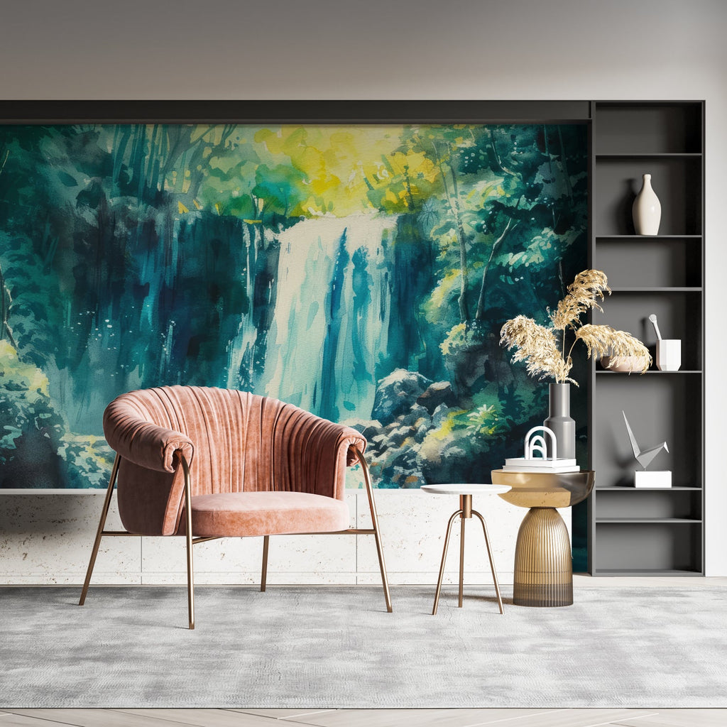 Paradise waterfall wallpaper transforming a home office into a peaceful retreat
