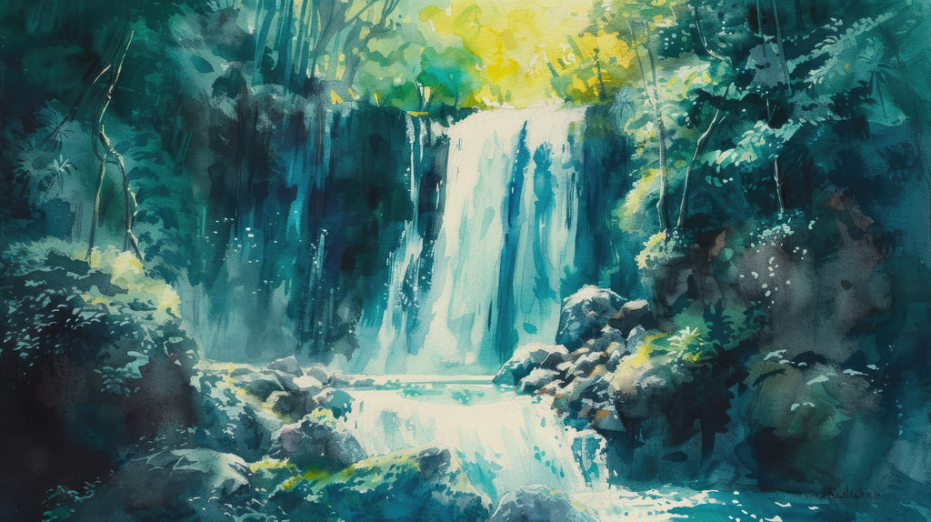 Waterfall and forest design file showing intricate watercolor details and natural flowing patterns