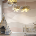 Brown wave pattern wallpaper creating a serene atmosphere in a modern living room with minimal furniture