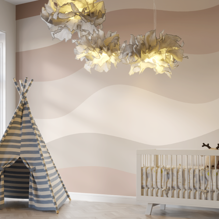 Brown wave pattern wallpaper creating a serene atmosphere in a modern living room with minimal furniture