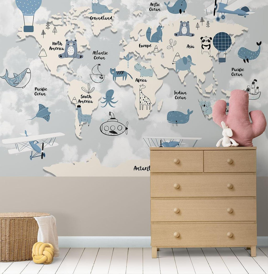 World Map Mural Wallpaper | Kids Adventure With Animals and Hot Air Balloons