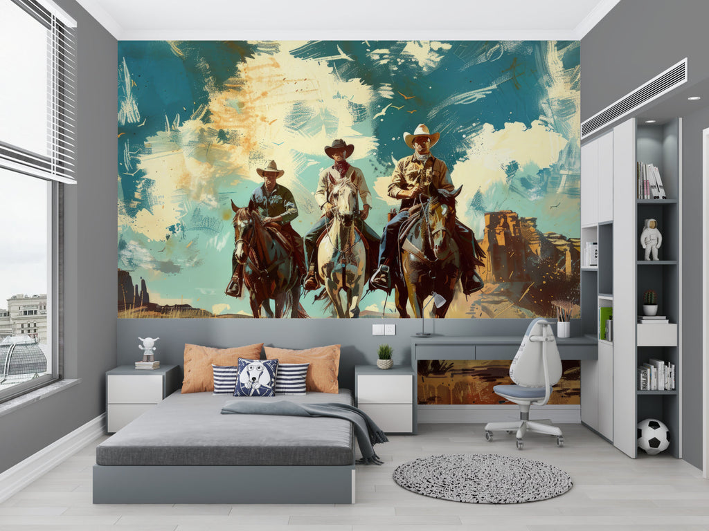 Western themed wallpaper transforming a home office with golden hour atmosphere