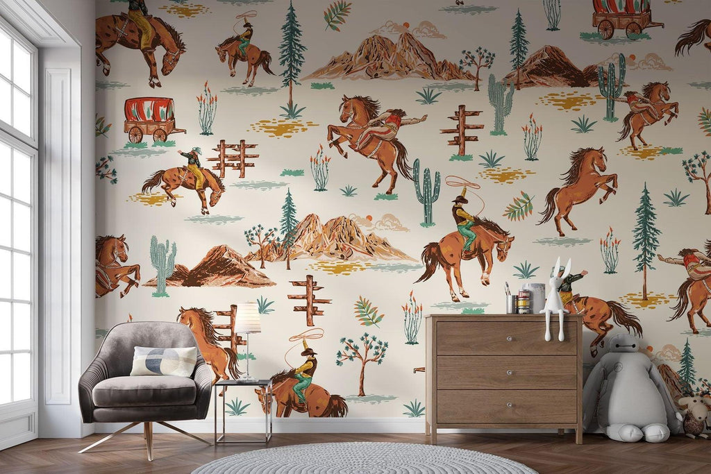 Cowboy themed wall mural in rustic home office with leather chair and desk