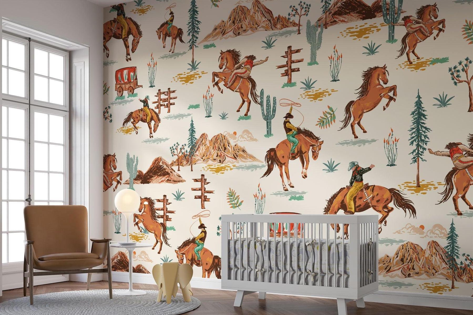 Western themed wallpaper in game room with rustic elements
