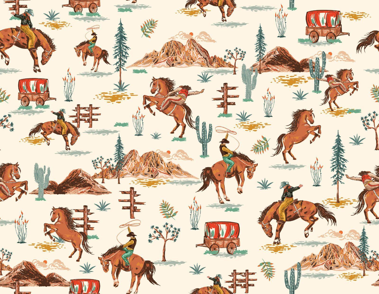 Design file showing detailed western cowboy pattern with desert landscape and vintage elements
