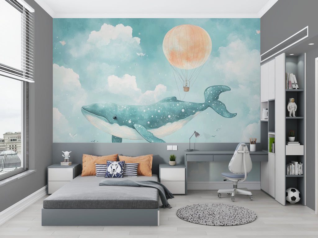 Whimsical hot air balloon wallpaper brightening a baby's nursery