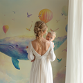 Whale and hot air balloon wallpaper creating magic in a modern nursery with soft lighting and natural decor