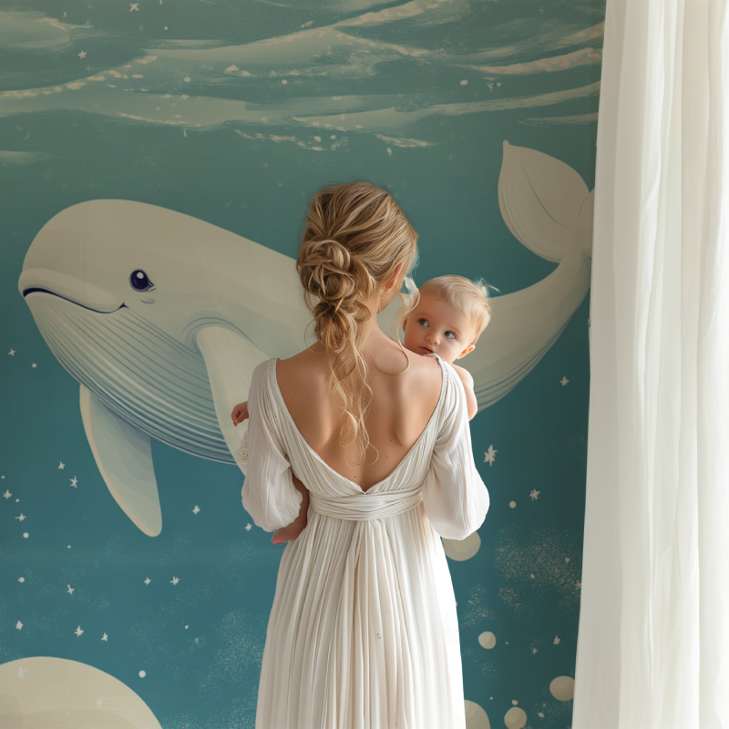 Ocean theme whale mural displayed in a cozy children's bedroom with wooden furniture