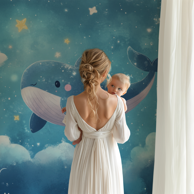 Marine themed bedroom featuring starry whale wallpaper design