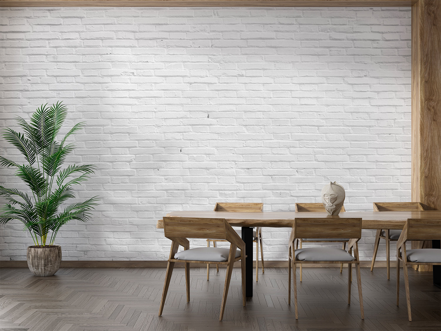 White brick mural wallpaper creating a sleek backdrop in a modern living room with natural light