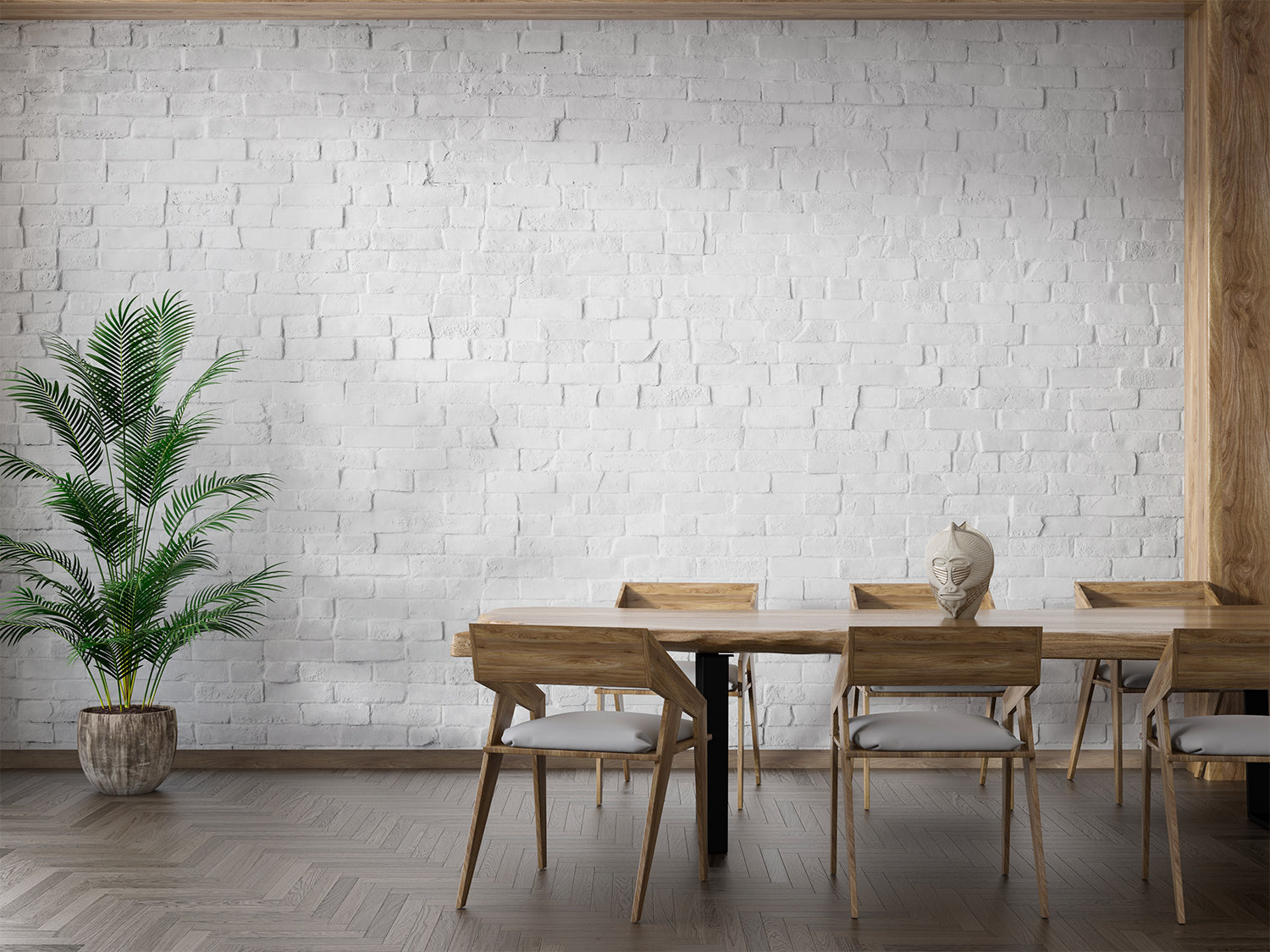 Industrial style kitchen with white brick wall mural and stainless steel appliances