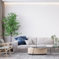 White minimalist wall mural in a bright modern living room creating an airy, open atmosphere
