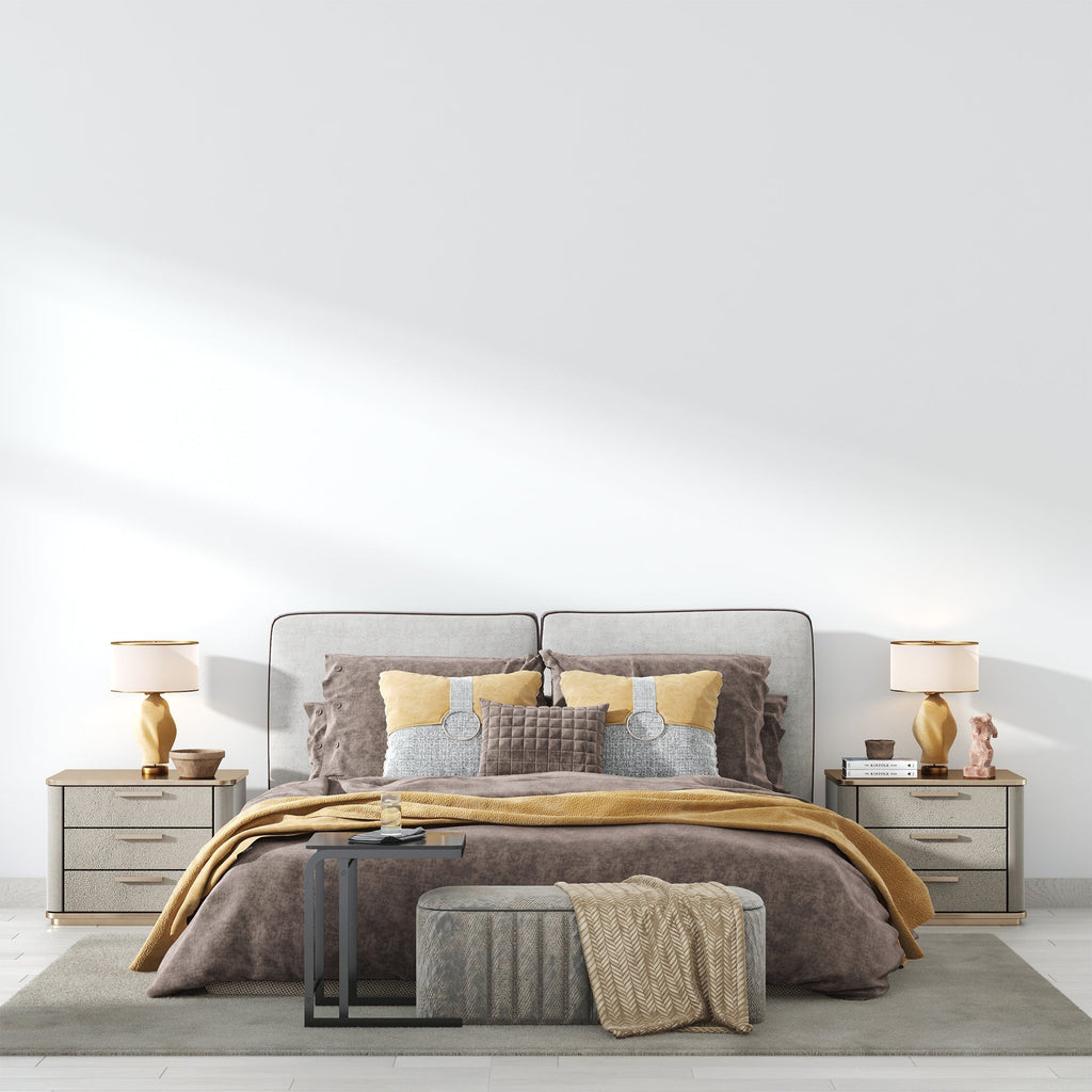 Clean white wall mural installation in a minimal bedroom setting with natural light