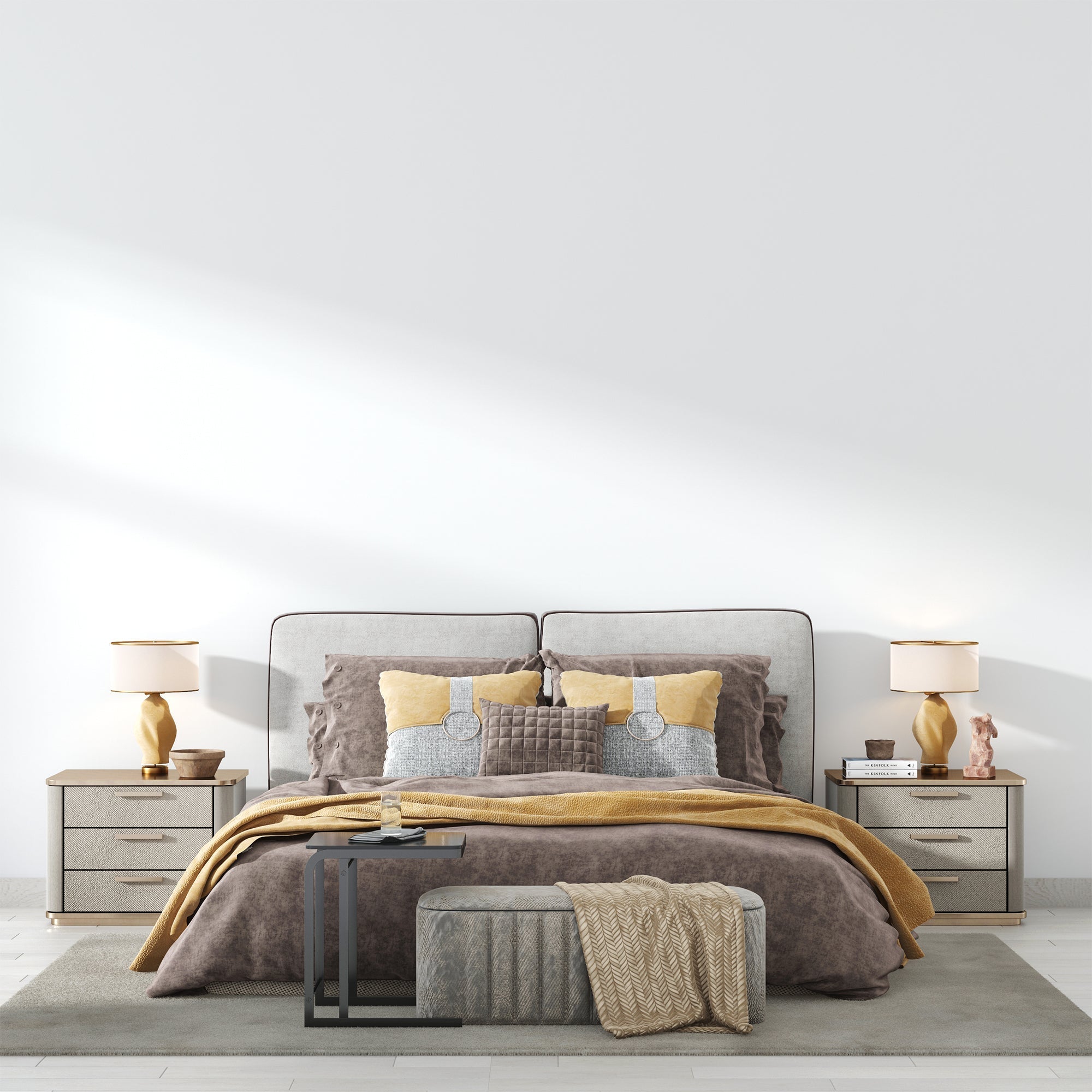 Clean white wall mural installation in a minimal bedroom setting with natural light