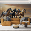 Wild horse mural wallpaper showcased in a modern living room, bringing movement and energy to the space