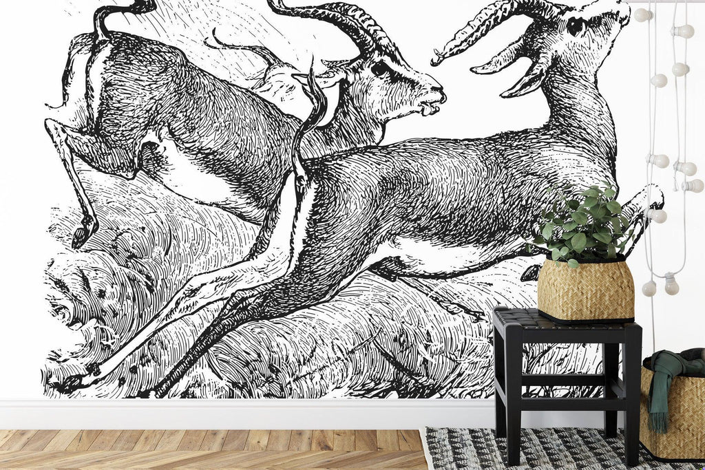 Wildlife wallpaper creating modern contrast in minimalist living room with grey sofa and natural light