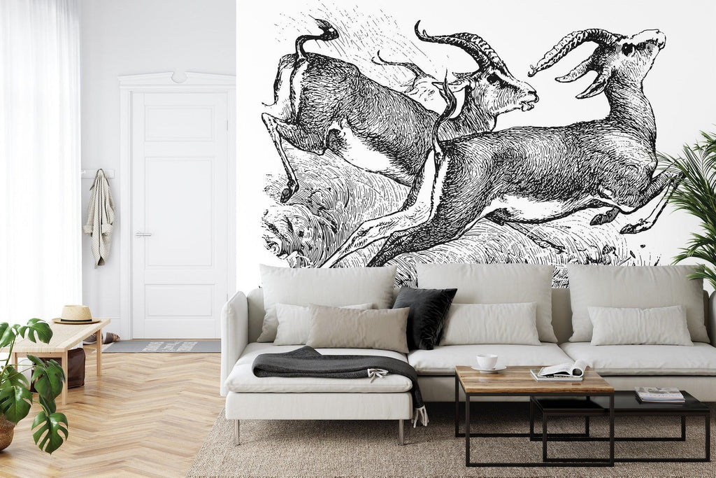 Vintage wildlife wall mural bringing artistic flair to home office with desk and bookshelf