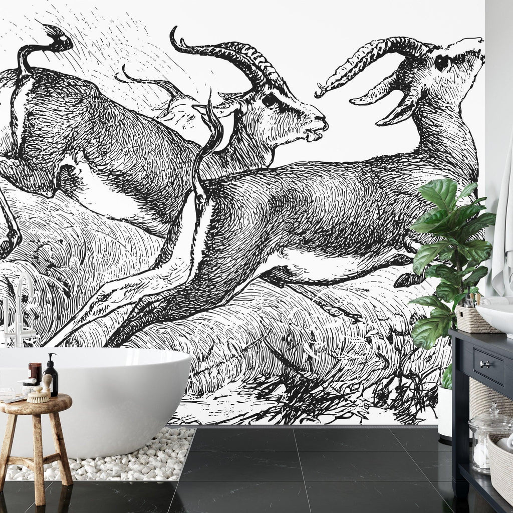 Gazelle sketch wallpaper creating gallery feel in hallway with wooden floors and simple decor