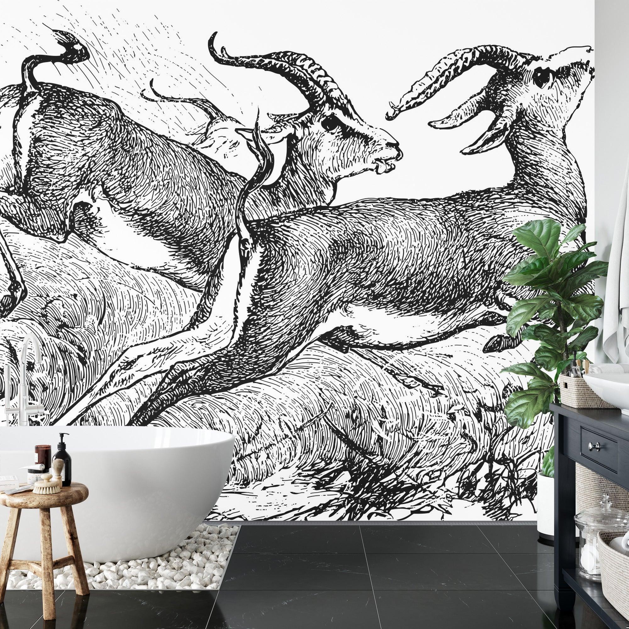 Gazelle sketch wallpaper creating gallery feel in hallway with wooden floors and simple decor