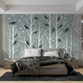 Winter birds wallpaper creating a peaceful atmosphere in a modern living room with white birch trees and gentle snowfall