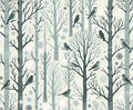 Winter forest wallpaper with birds creating a cozy atmosphere in a modern living room with soft lighting