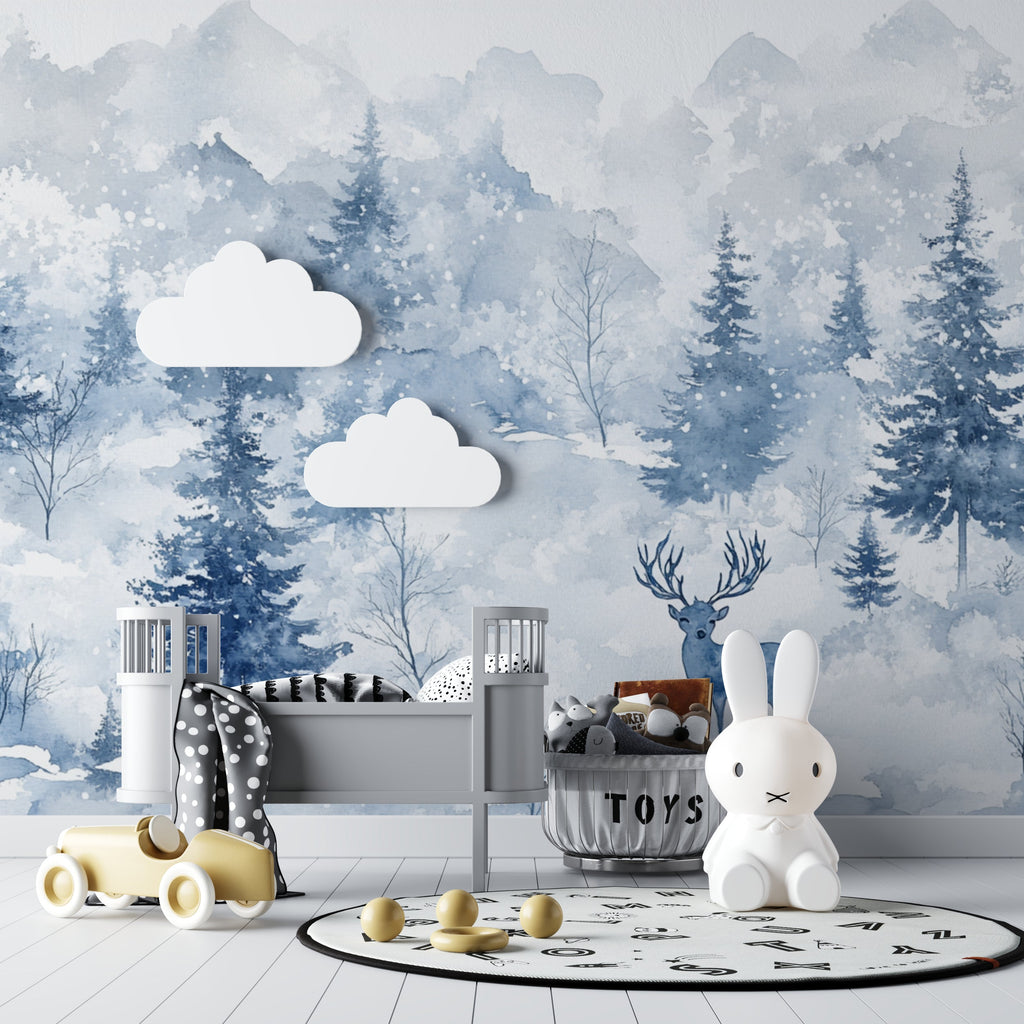 Snowy pine trees mural in a cozy bedroom setting with soft lighting