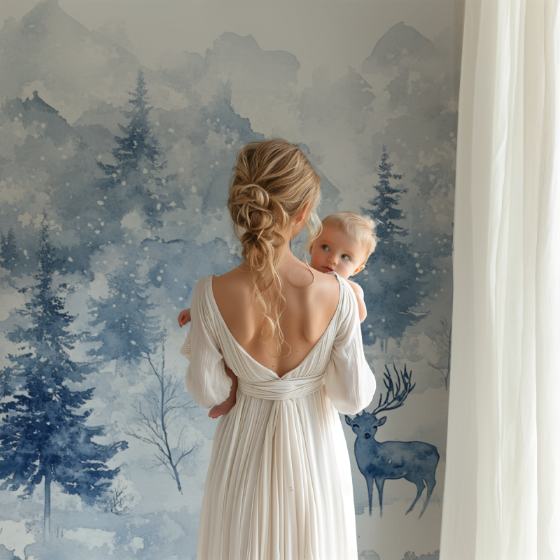Winter woodland wallpaper bringing nature indoors in a minimal dining room