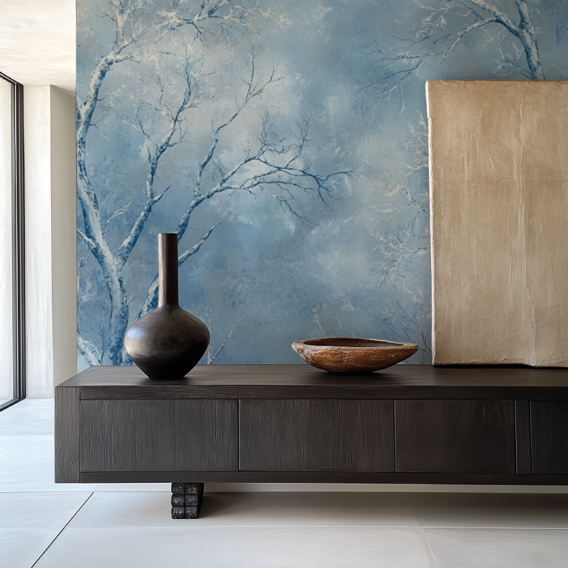 Frosty blue forest wallpaper in a cozy bedroom setting with natural light