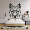 Modern geometric wolf wallpaper displayed in a minimalist living room, showing bold black lines against white walls