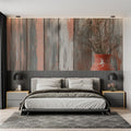 Wood effect wallpaper in modern living room showing terracotta and grey tones creating depth