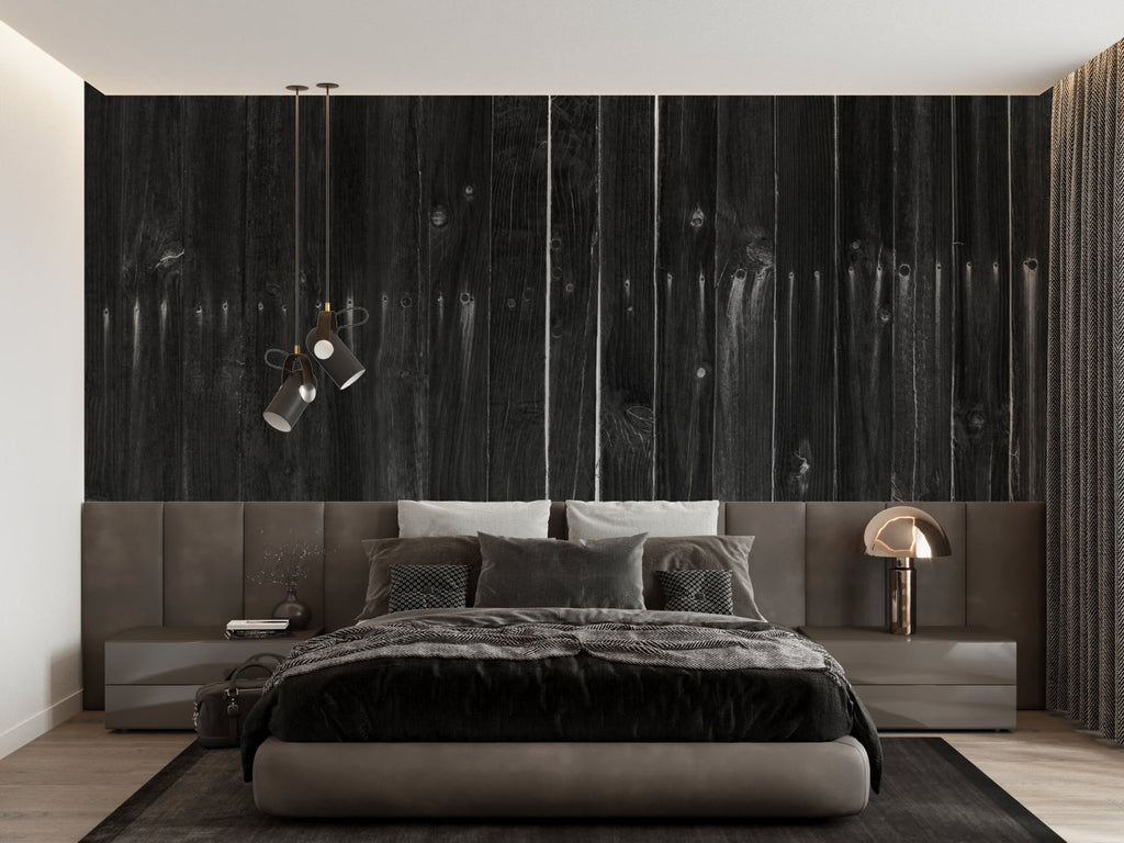 Black wood plank wallpaper in modern living room creating dramatic accent wall behind gray sofa