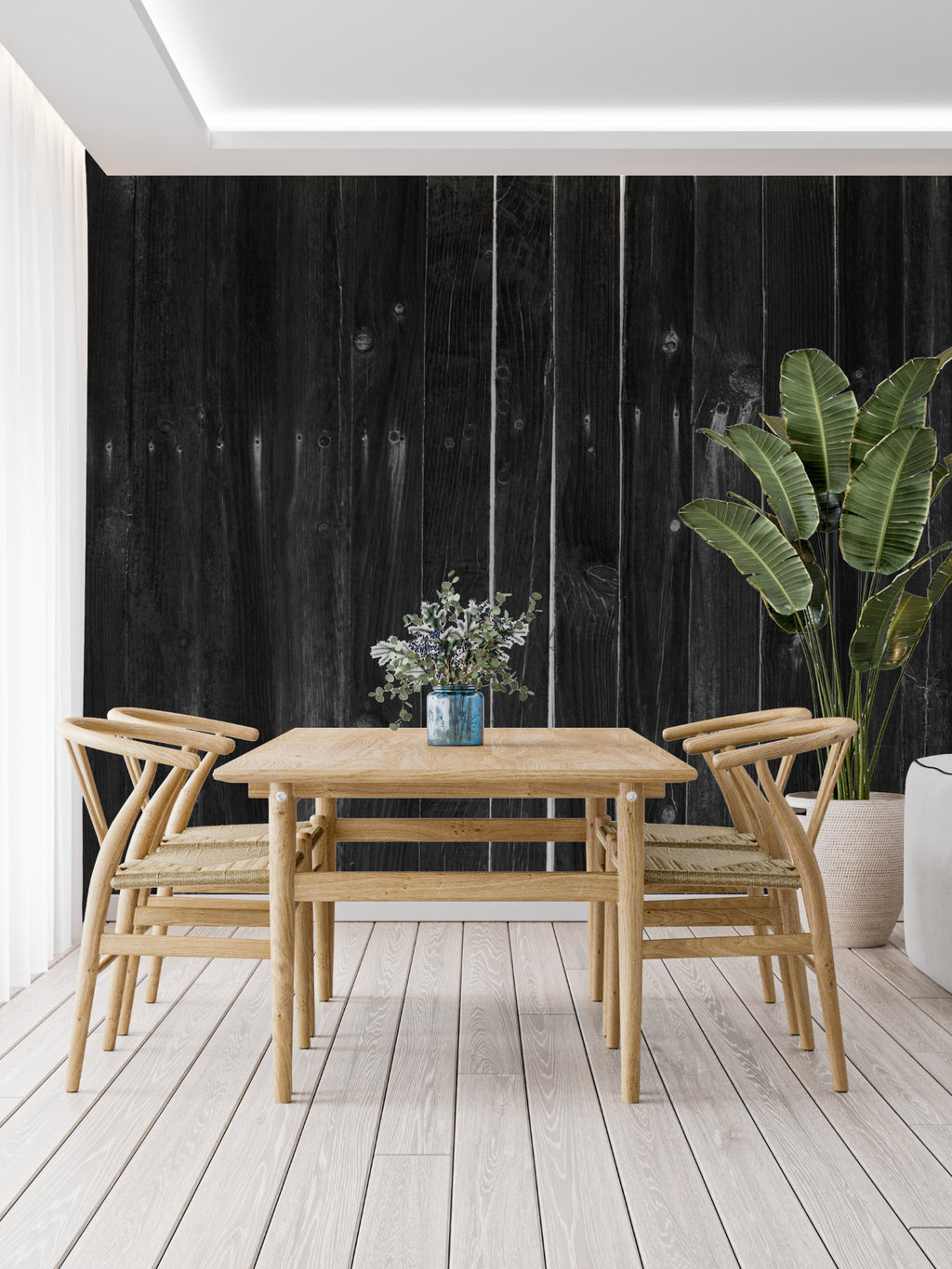 Vertical wood pattern wallpaper making home office look taller and more professional