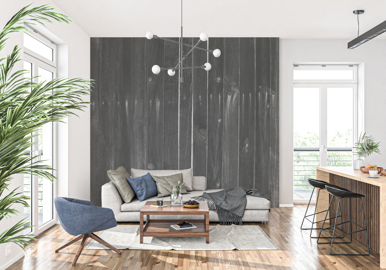 Modern black wood wallpaper in contemporary hallway with track lighting