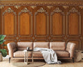 Wood panel wallpaper creating elegant atmosphere in modern living room with Art Deco furniture