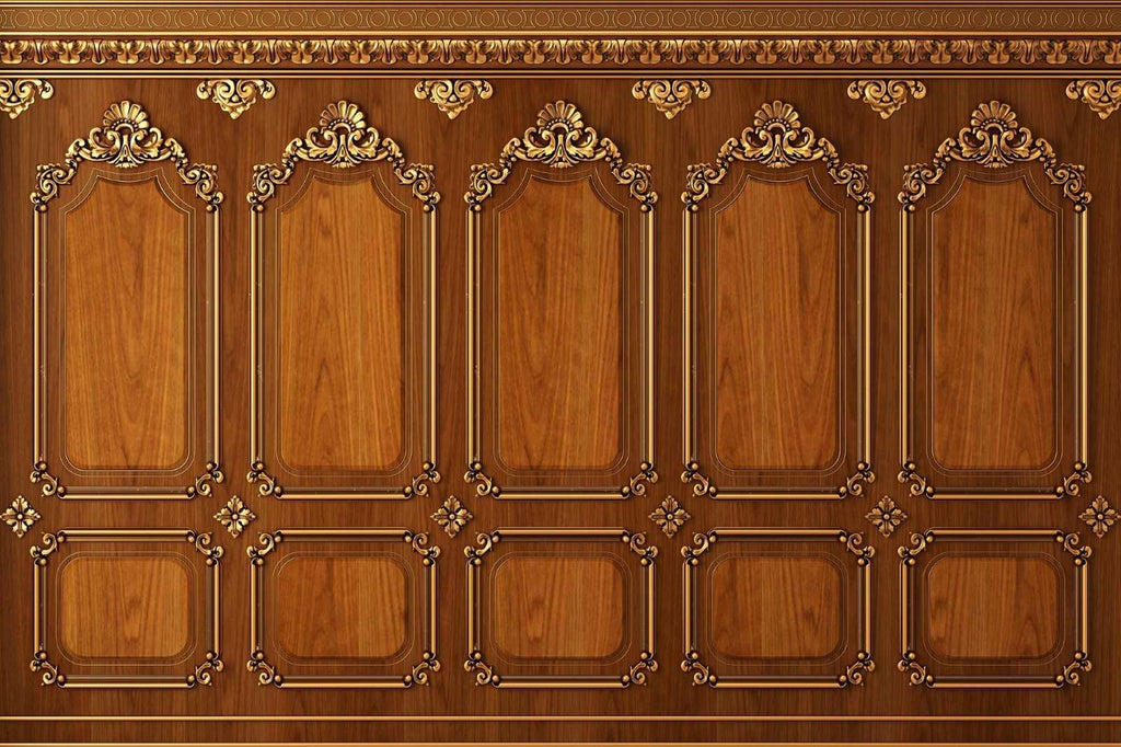 Art Deco wood panel wallpaper design file showing intricate golden details and honey-toned finish
