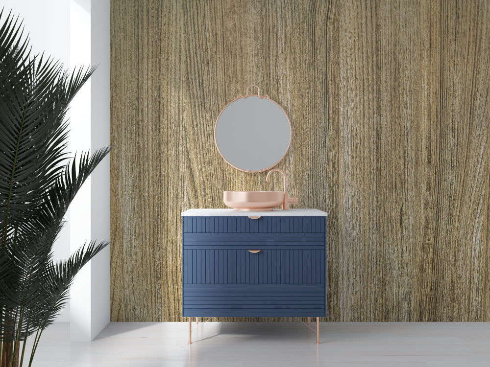 Natural wood effect wallpaper in cozy bedroom creating warm atmosphere with bedside lamps