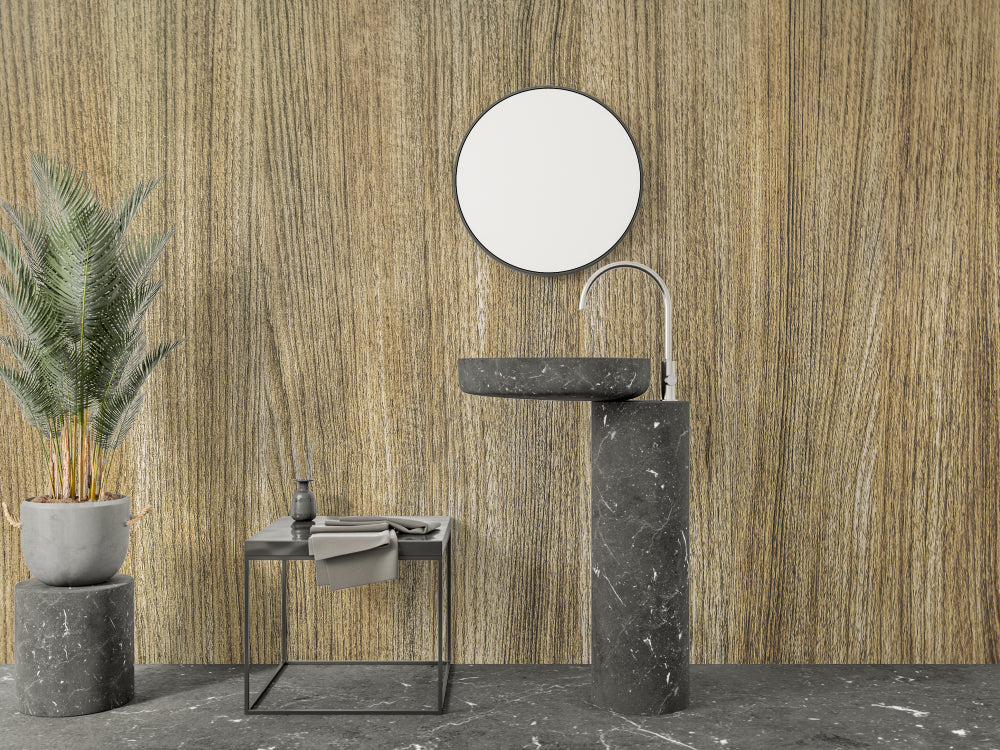 Wood pattern wall mural in dining room with rustic table and pendant lighting