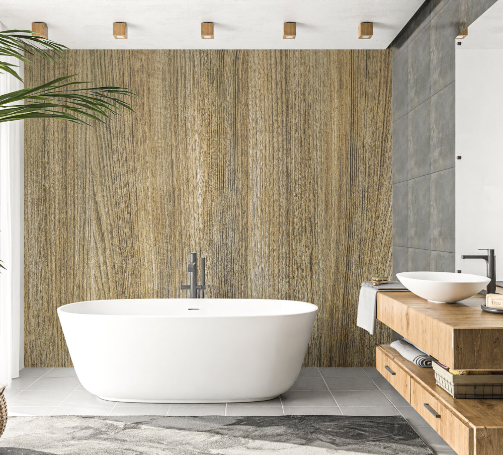 Beige wood grain wallpaper in home office setting with minimalist desk and chair