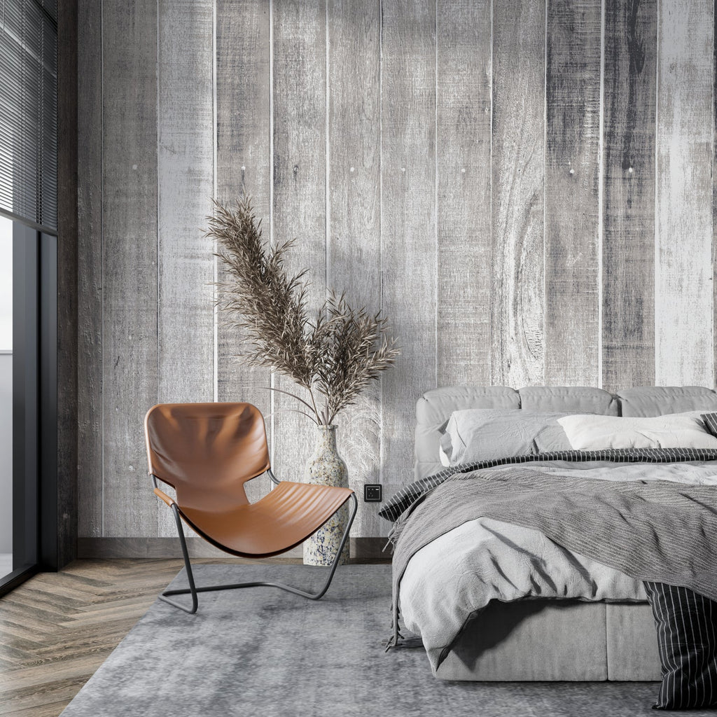 Weathered wood mural enhancing an entrance hallway with rustic charm