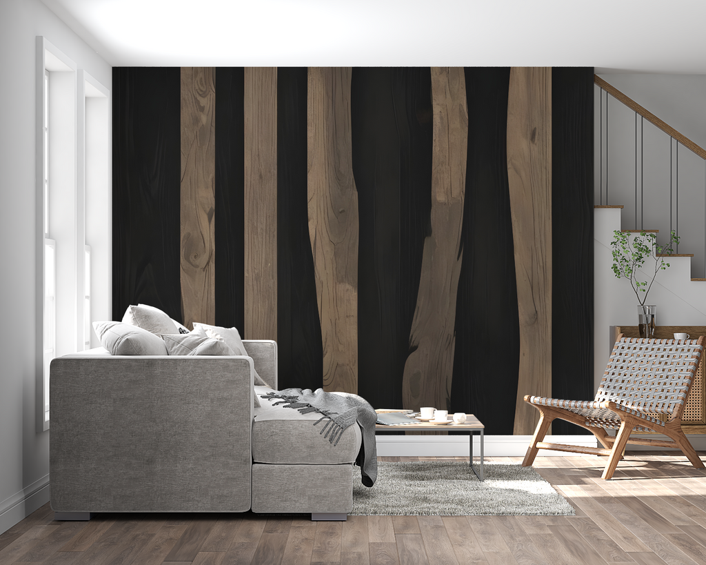 Vertical wood pattern mural adding depth to a master bedroom