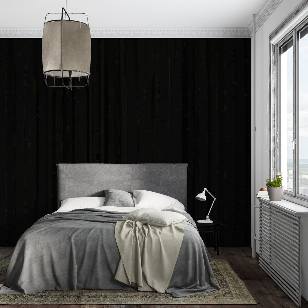 Elegant wood pattern wall mural in master bedroom with modern decor