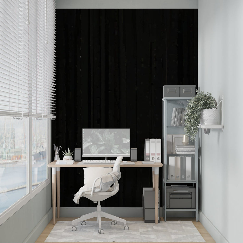 Modern black wood wallpaper installation in upscale office space