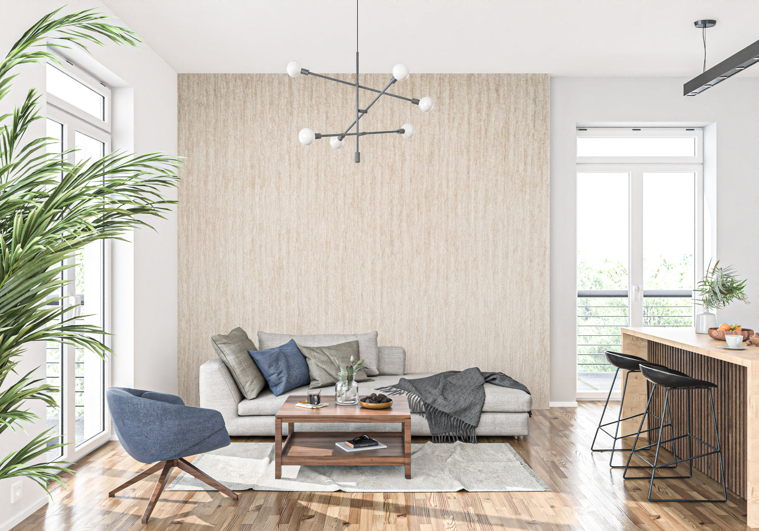 Wood pattern wallpaper in modern living room showing vertical grain texture and beige tones